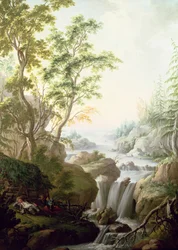 A Rocky Woodland Landscape with a Waterfall